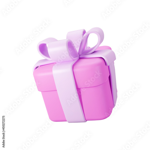 3d pink gift box with pastel ribbon bow isolated on a white background. 3d render flying modern holiday surprise box. Realistic vector icon for present, birthday or wedding banners
