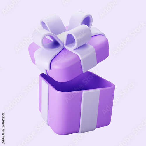 3d purple open gift box with pastel ribbon bow isolated on a light background. 3d render flying modern holiday open surprise box. Realistic vector icon for present, birthday or wedding banners