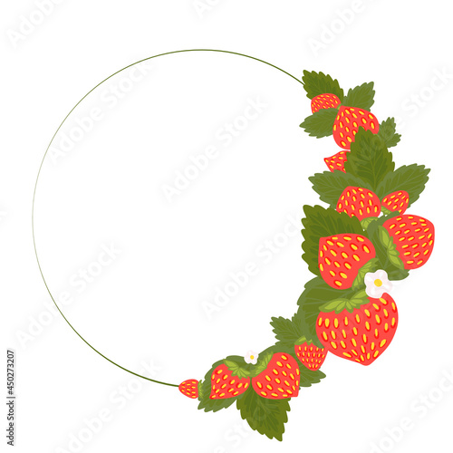Semicircular frame with strawberries, foliage, flowers and place for text. Border with summer berries for the menu. Vector template with bunch of fruits, leaves and copy space for cards.