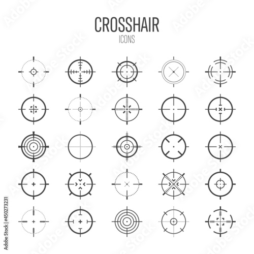 Crosshair, gun sight vector icons. Bullseye, black target or aim symbol. Military rifle scope, shooting mark sign. Targeting, aiming for a shot. Archery, hunting and sports shooting. Game UI element.