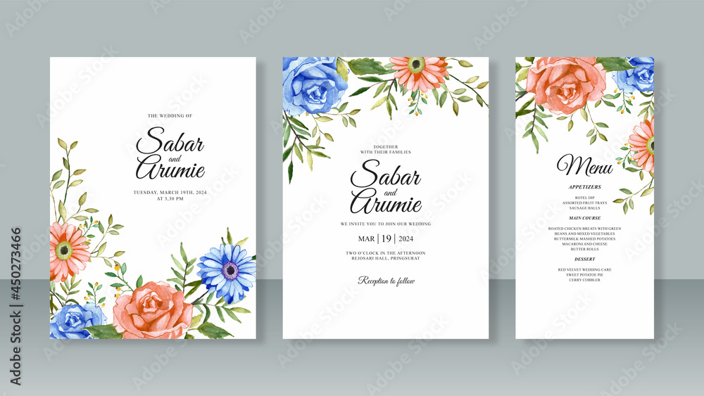 Set of wedding invitation card template with watercolor painting flowers