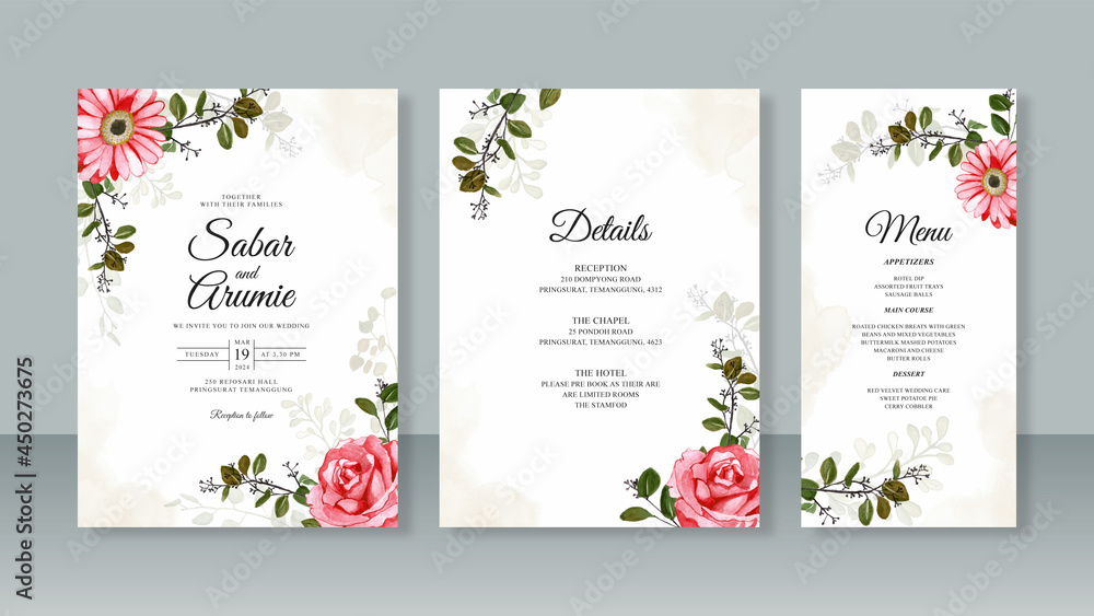 Wedding card invitation set template with red rose watercolor painting