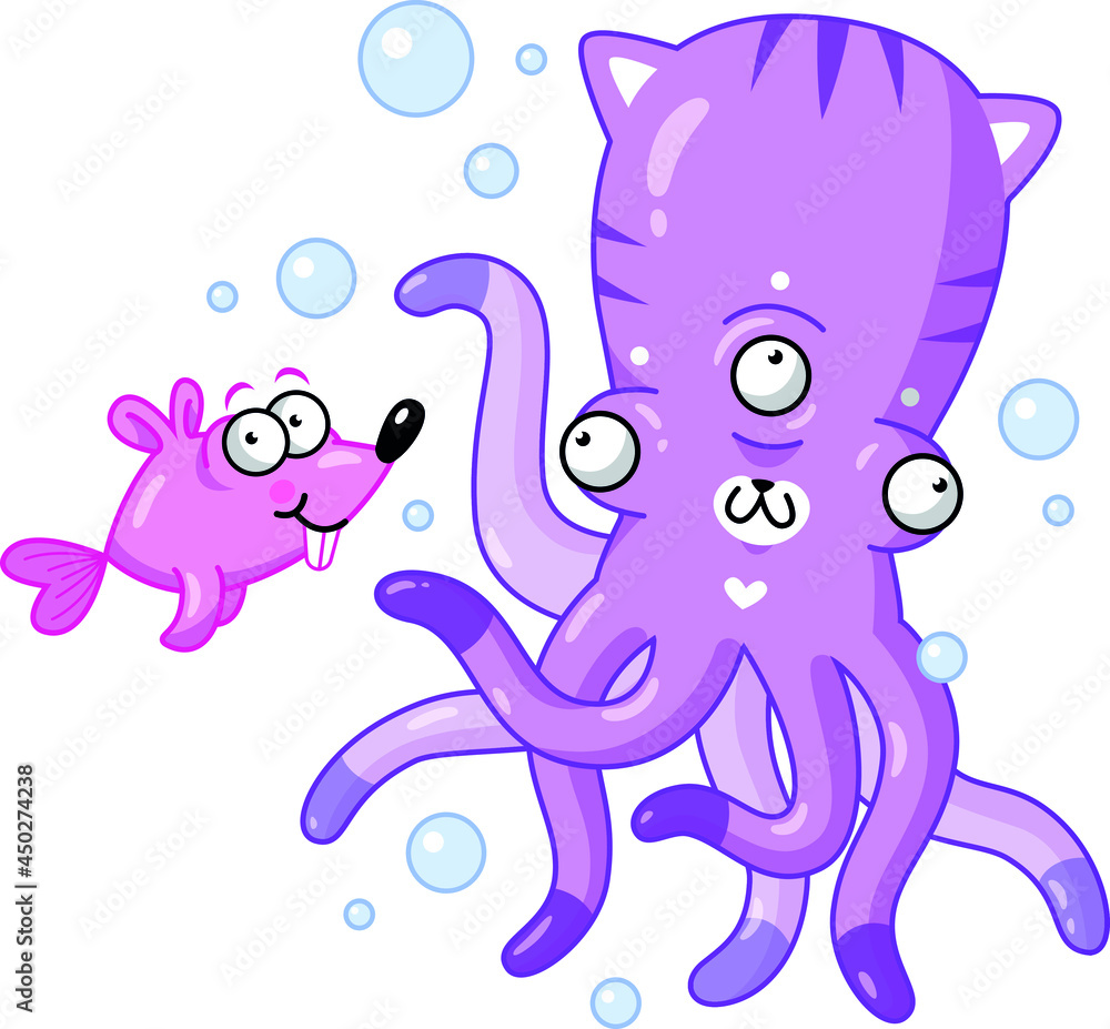 Two cute underwater monsters, cat-octopus and mouse-fish, swim surrounded by bubbles