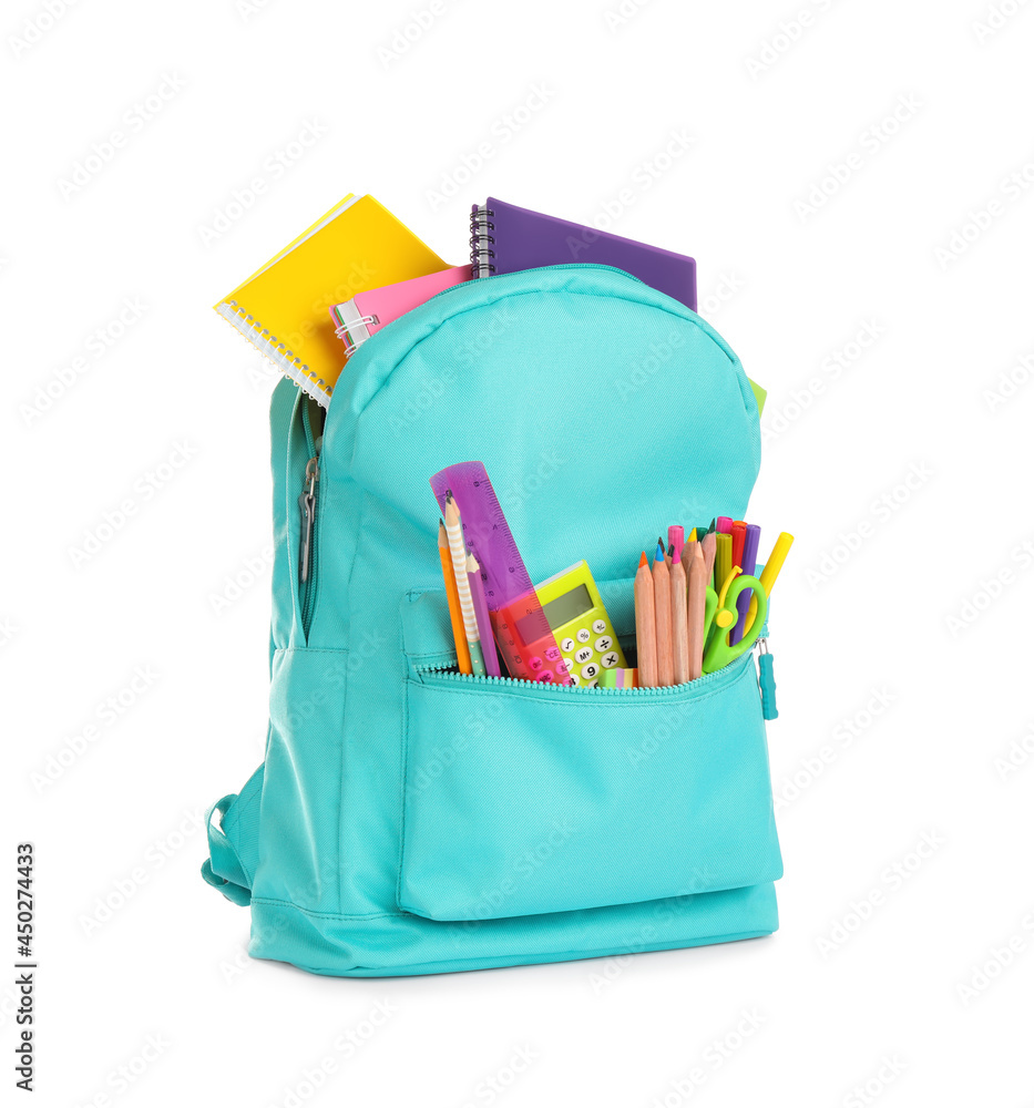 Turquoise backpack with different school supplies isolated on white Turquoise backpack with different school supplies isolated on white