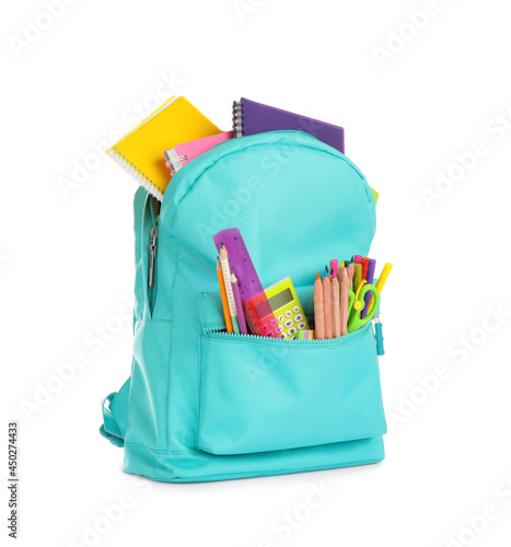 Turquoise backpack with different school supplies isolated on white © New Africa
