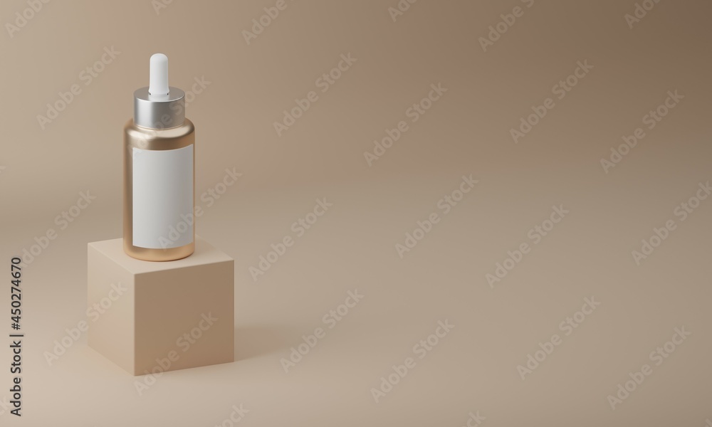 Serum glass bottle with pipette and white label sticker isolated on beige background. Space for text on the right. Mockup cosmetic container. Serum bottle 3d. Face oil bottle. 3d model. Banner. Serum glass bottle with pipette and white label sticker isolated on beige background. Space for text on the right. Mockup cosmetic container. Serum bottle 3d. Face oil bottle. 3d model. Banner.