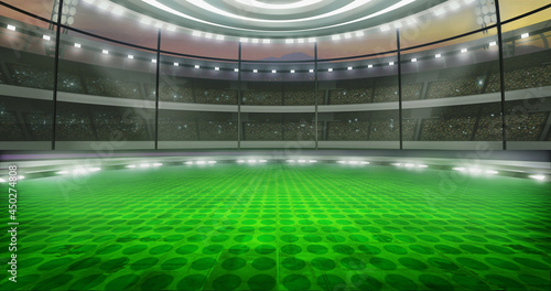 Football game, virtual TV show backdrop. 3D concept stage backdrop, Ideal for soccer news, live tv shows, or sport product commercials. A 3D rendering, suitable on VR tracking system sets, with green