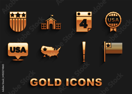 Set USA map, Medal with star, American flag, Baseball bat, Independence day, Calendar date July 4, Shield stars and United States Capitol Congress icon. Vector