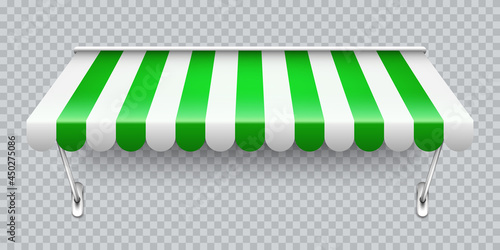 Shop sunshade with metal mount. Realistic green striped cafe awning. Outdoor market tent. Roof canopy. Summer street store. Vector illustration.