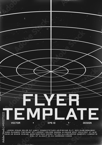 Retrofuturistic poster design. Cyberpunk 80s style poster with perspective polar grid. Shabby scratched flyer template for your design. Vector