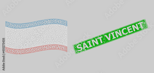 Mesh polygonal waving Crimea flag and scratched Saint Vincent rectangle stamp seal. Abstraction is designed on windy Crimea flag. Green rectangle Saint Vincent distress seal stamp. photo