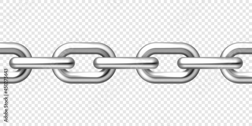 Realistic seamless metal chain with silver links on checkered background. Vector illustration.