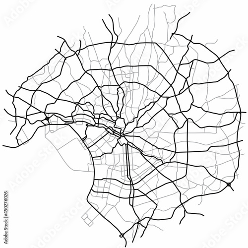 Tokyo city map (Japan) - town streets on the plan. Monochrome line map of the  scheme of road. Urban environment, architectural background. Vector 