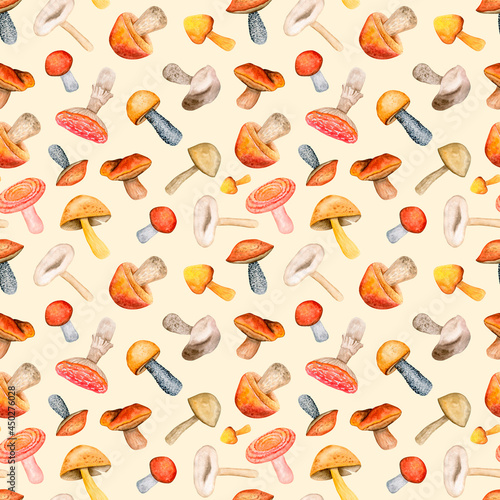 Realistic hand drawn watercolor mushroom seamless pattern. Mushroom background