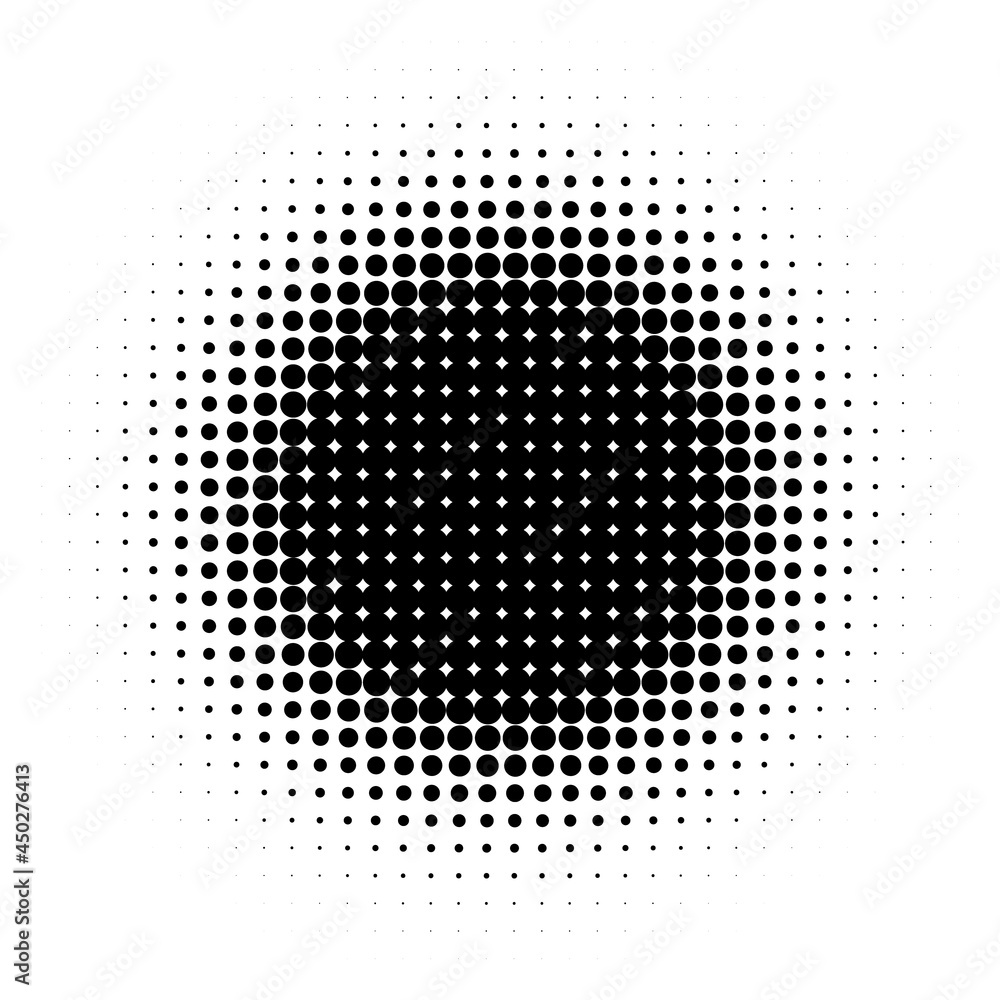 Halftone dots background. Black circle halftone pattern. Pop art comic backdrop. Retro style spotted effect. Abstract polka dots. Radial dotted design element. Vector illustration, flat, clip art.  