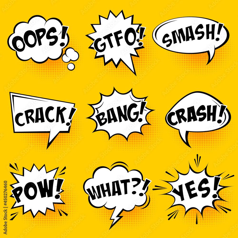 Obraz premium Comic speech bubbles with halftone shadows and text on yellow background. Hand drawn retro cartoon stickers. Pop art style. Vector illustration.