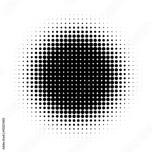 Halftone dots background. Black circle halftone pattern. Pop art comic backdrop. Retro style spotted effect. Abstract polka dots. Radial dotted design element. Vector illustration, flat, clip art. 
