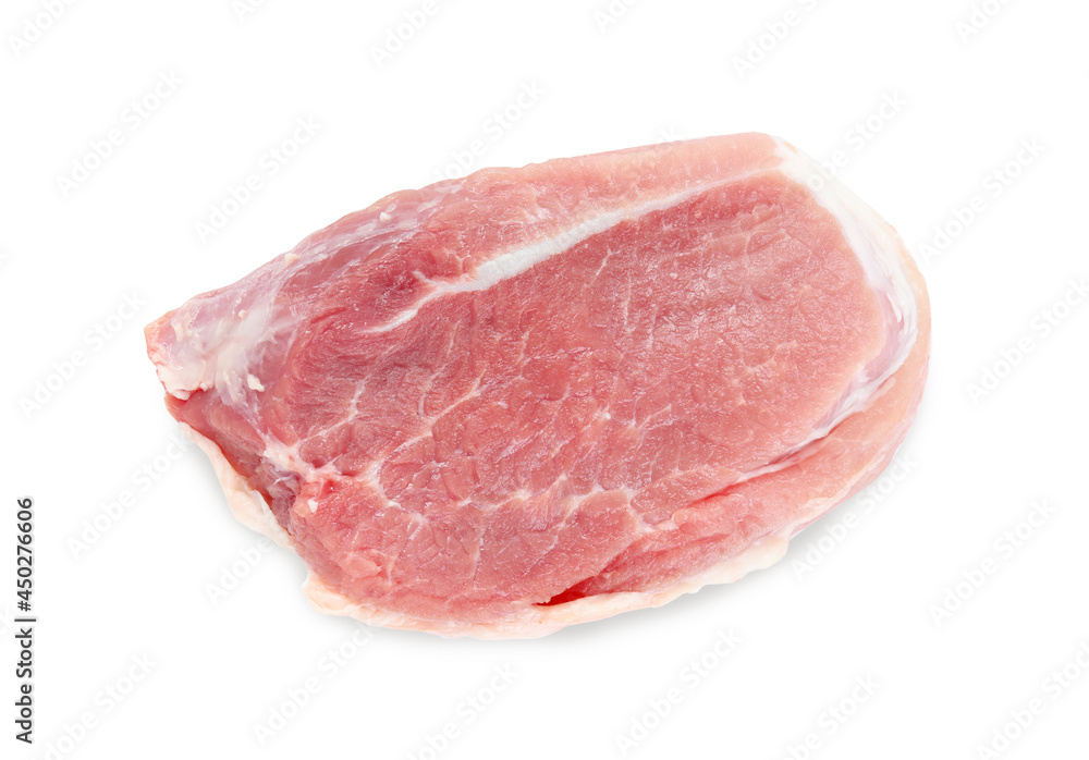 Piece of raw meat isolated on white, top view