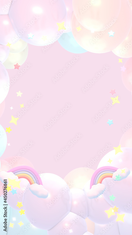 Dreamy pastel rainbow clouds and stars sky. 3d rendered picture. (Vertical)