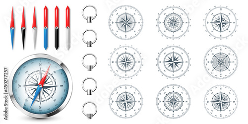 Realistic silver vintage compass with marine wind rose and cardinal directions of North, East, South, West. Shiny metal navigational compass. Cartography and navigation. Vector illustration.