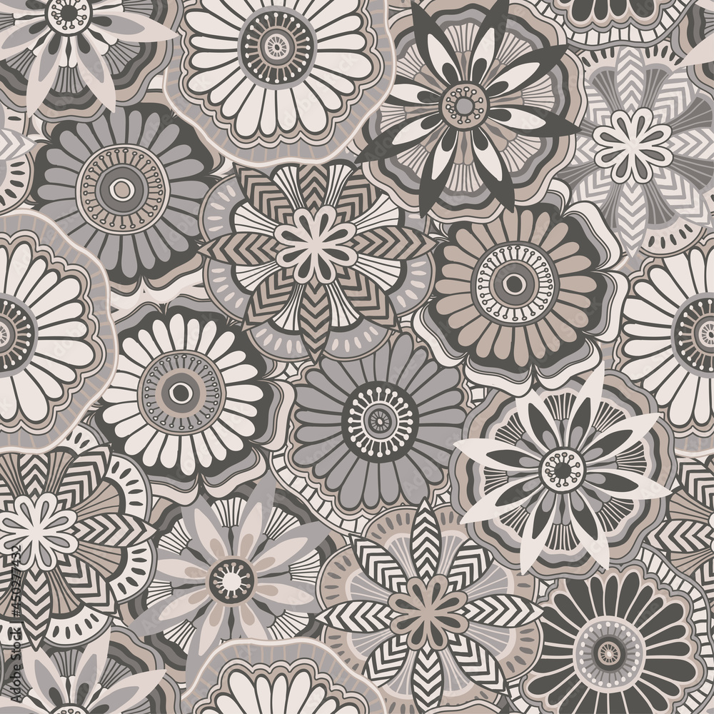 Seamless pattern with decorative flowers in gray and beige colors
