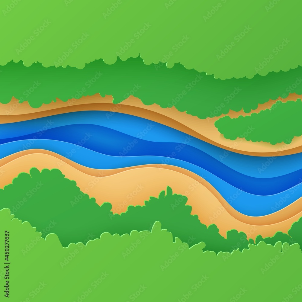 Obraz premium Top view landscape in paper cut style. 3d background aerial view with river green forest canopy and land. Vector papercut card illustration of creative concept idea environment conservation and nature