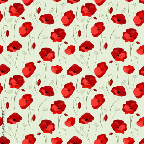Beautiful floral seamless pattern. Bright red poppies on a light background.