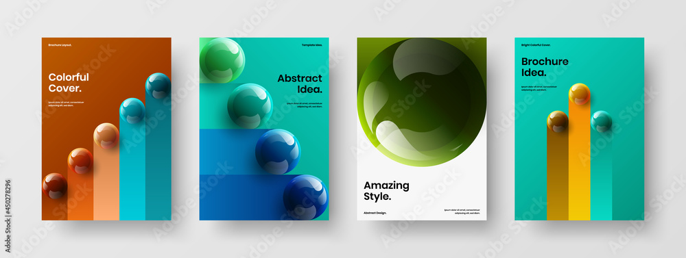 Abstract 3D spheres handbill concept collection. Amazing magazine cover vector design layout composition.