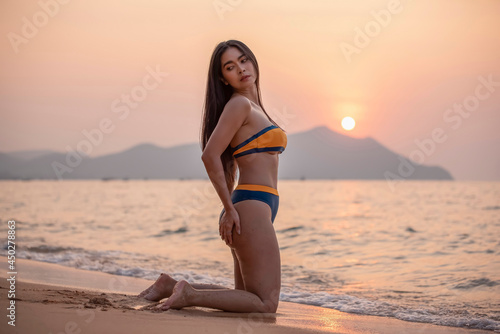 A beautiful woman in a bikini posing on the beach at sunset