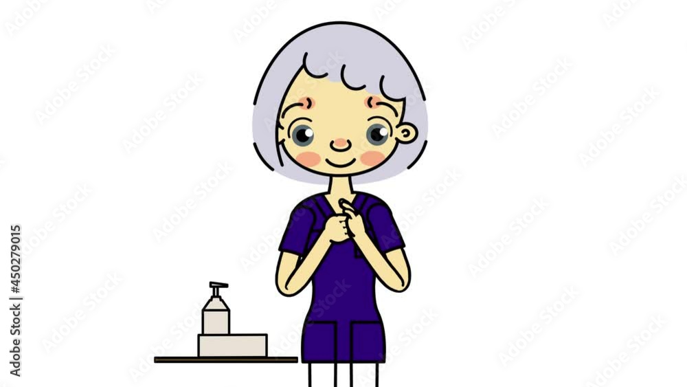 Female nurse performing hygienic hand disinfection and testing Covid-19 Self Test on white background. cartoon animation. Female nurse performing hygienic hand disinfection and testing Covid-19 Self Test on white background. cartoon animation.