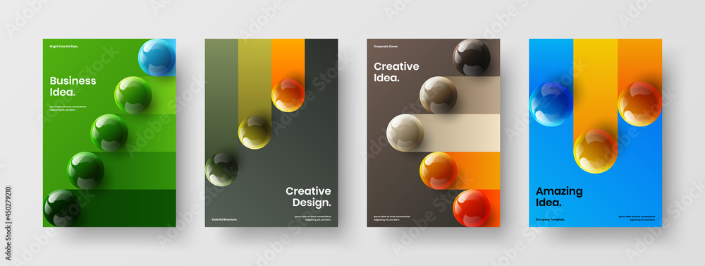 Clean cover vector design layout collection. Creative realistic spheres corporate brochure illustration set.