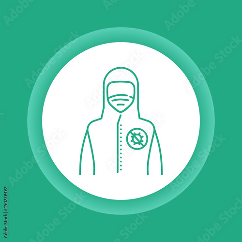 Doctor or worker in medical protective suit color button icon.