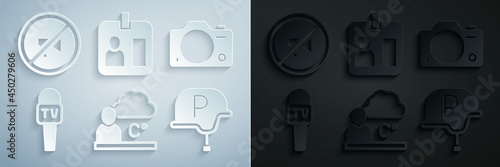 Set Weather forecast, Photo camera, Microphone, War journalist, Journalist id card and Censored stamp icon. Vector