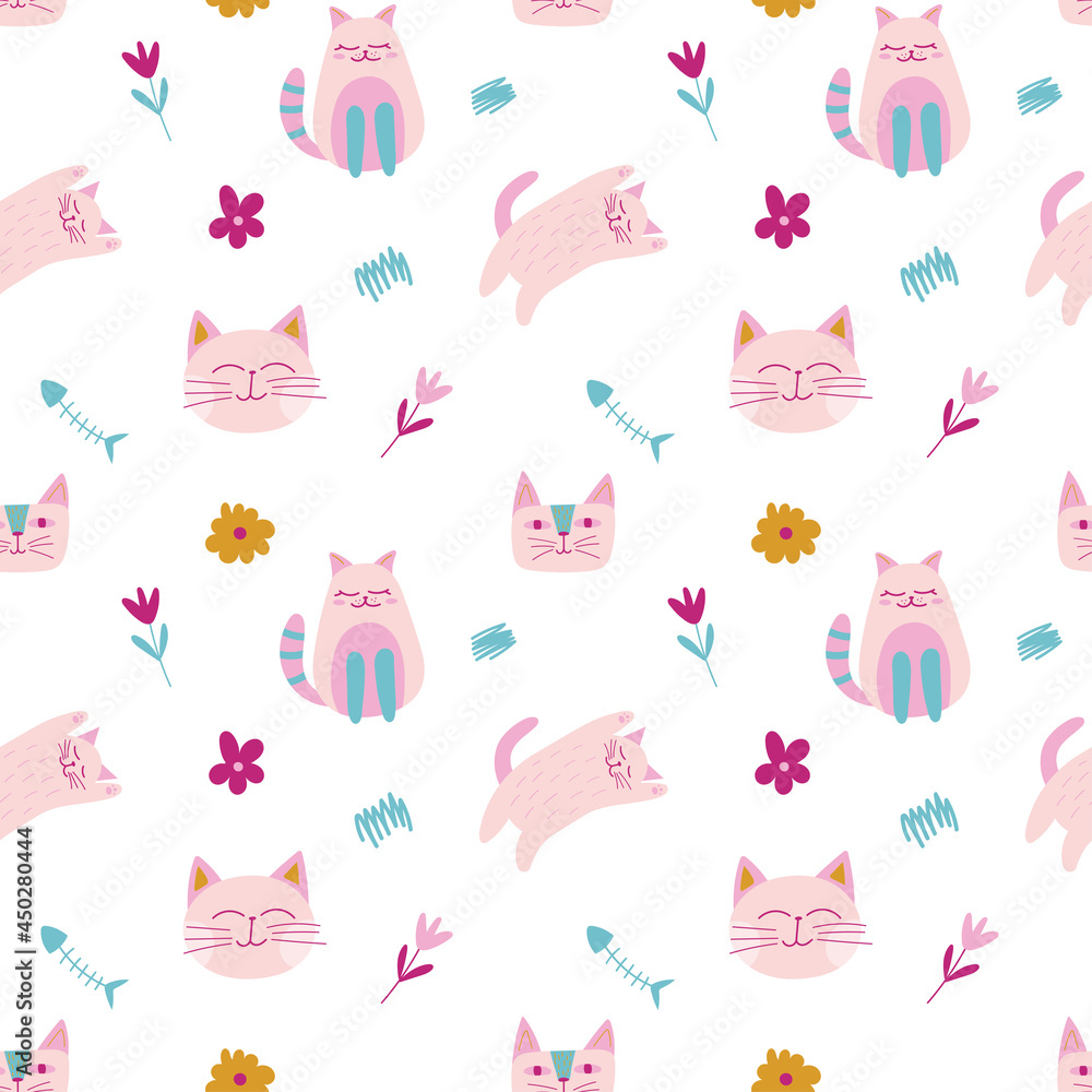 Childish seamless pattern with pink color girly cat, flower, fish skeleton in cartoon style. Vector trendy print. Cute baby fabric design. Funny character.