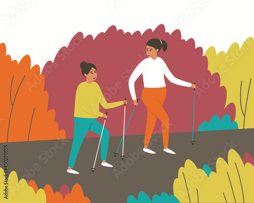 Girlfriends walk in a Scandinavian gait. Women leisurely strolls through the park. Autumn nature. Active lifestyle. Flat vector illustration.