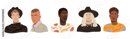 Fashion men portraits avatars set. Young diverse model guys in trendy modern outfits. Multicultural people group with different hairstyle, appearance, skin color. Vector flat cartoon illustration
