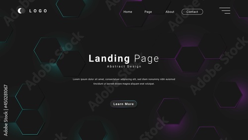 Modern Futuristic Abstract Black Landing Page Or Banner Template Design With Glowing Hexagon Pattern