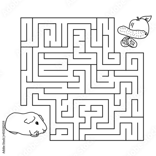 maze game feed the animal, coloring page for children, feed the guinea pig with fruit