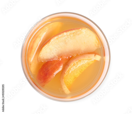 Delicious compot with dried apple slices on white background, top view