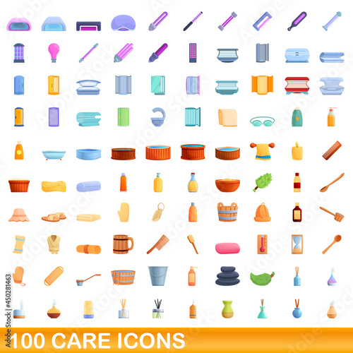 100 care icons set. Cartoon illustration of 100 care icons vector set isolated on white background