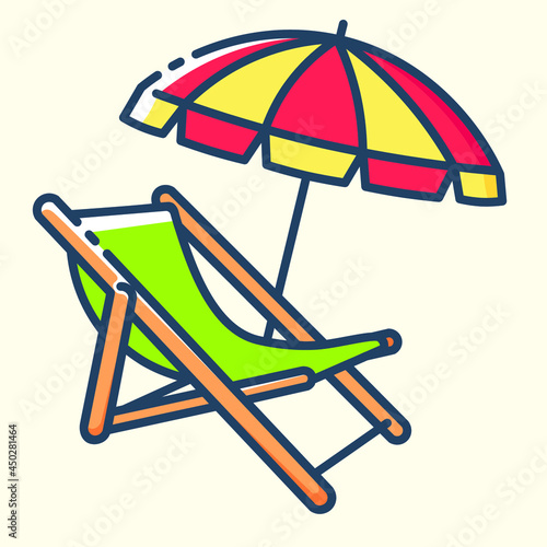 Wooden beach chaise lounge with umbrella colored icon. Concept of travel, summer vacation and rest. Vector stylish outline flat illustrations on yellow background.