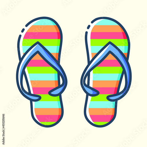 Pair of striped beach flip-flops colored icon. Concept of travel, summer vacation and rest. Vector stylish outline flat illustrations on yellow background.