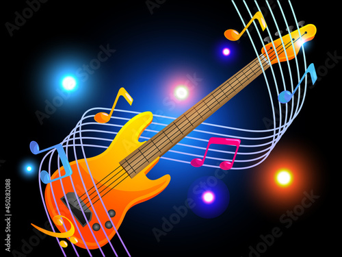 Bass guitar with elegant musical notes music  