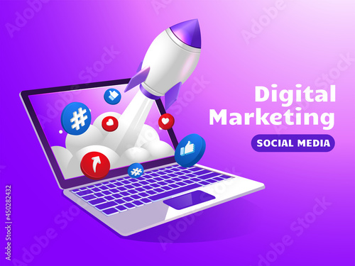 Social media marketing with laptop and boost rocket