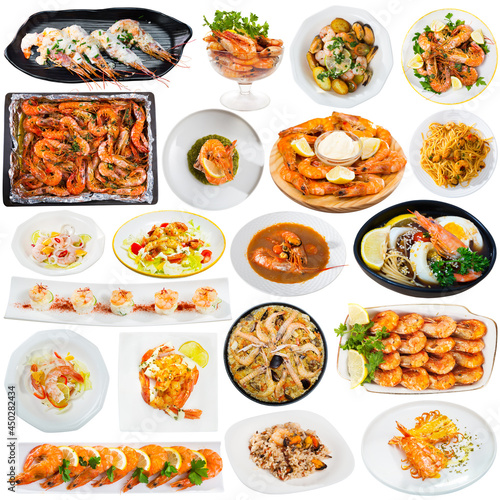 Collage of different dishes cooked with prawns isolated on white background