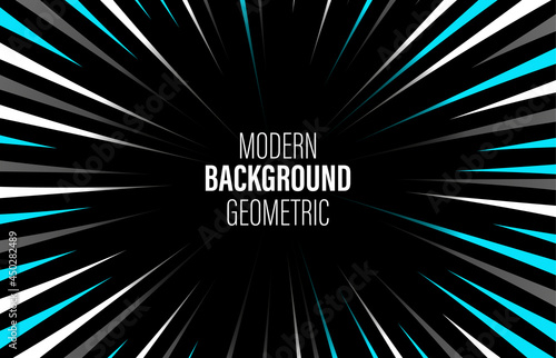 Modern geometric background, wallpaper, banner, poster. Bright triangles with a gradient on a black background. Place for your text. Pop art, comic. Minimalism. Blue.