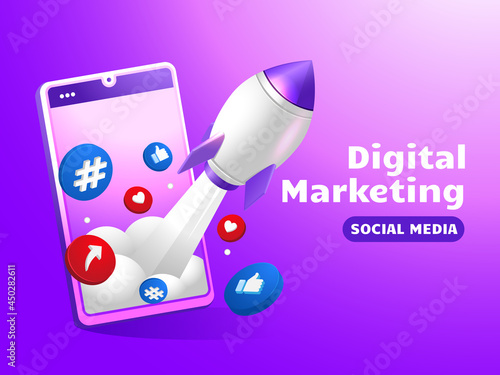 Social media marketing with smartphone and boost rocket
