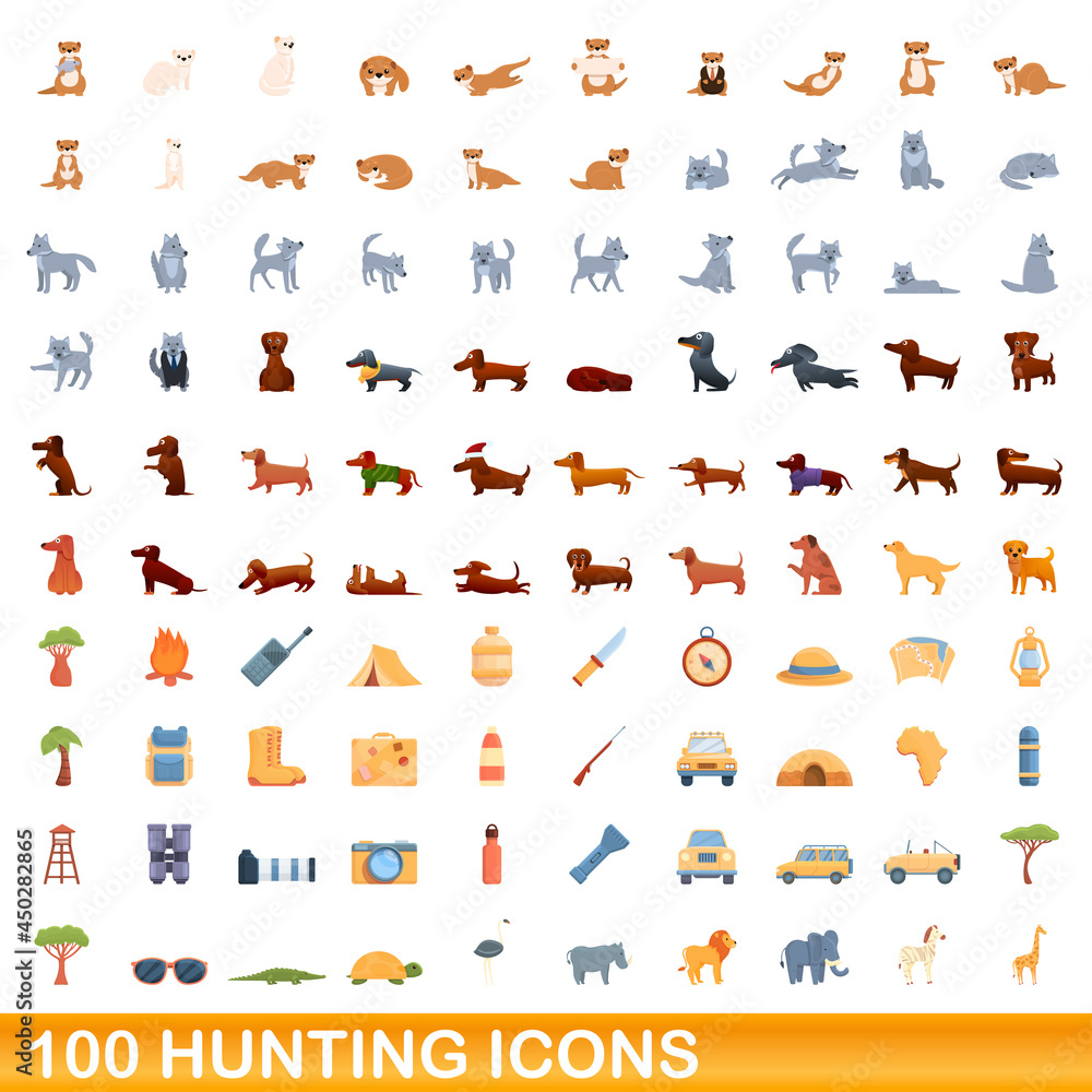 100 hunting icons set. Cartoon illustration of 100 hunting icons vector set isolated on white background