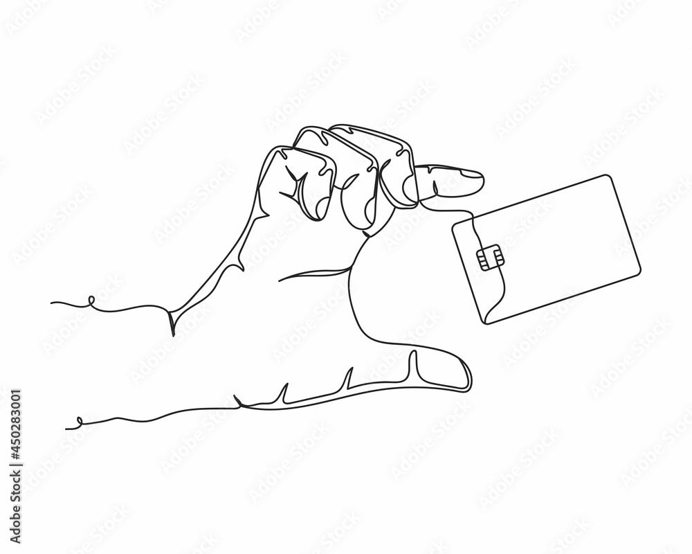 Continuous one line drawing of close up hand holds levitating template bank credit card in silhouette on a white background. Linear stylized.Minimalist.