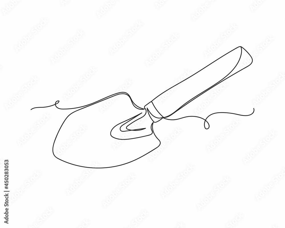Obraz premium Continuous one line drawing of garden tool a shovel in silhouette on a white background. Linear stylized.Minimalist.